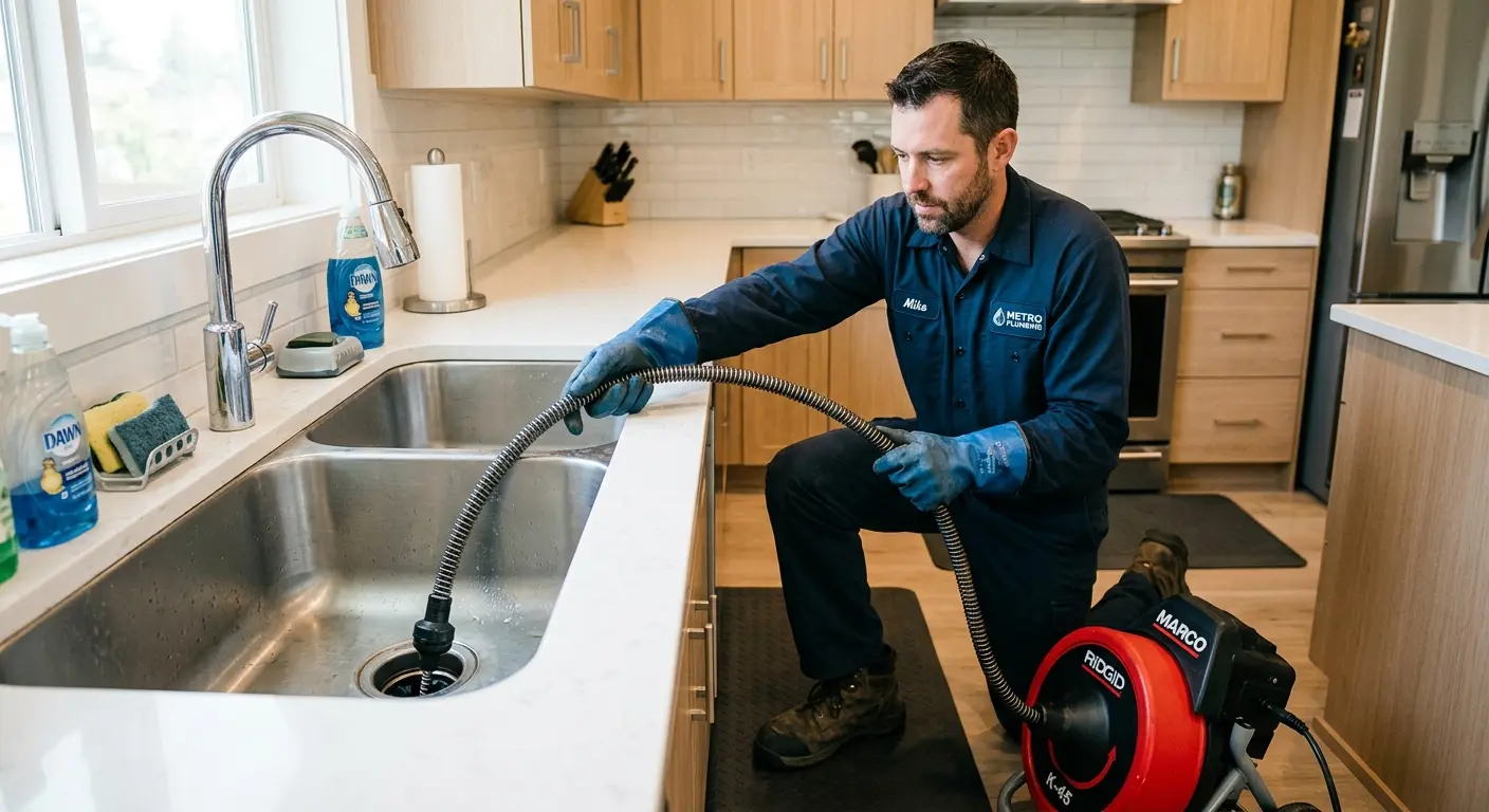 Drain cleaning technician using a motorized snake on a kitchen sink in Pacific