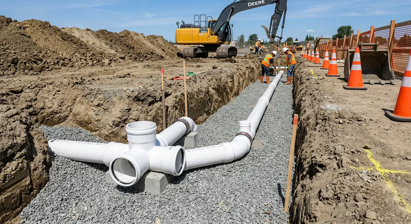 New PVC sewer pipe installation in open trench for Sewer Backup in Pacific