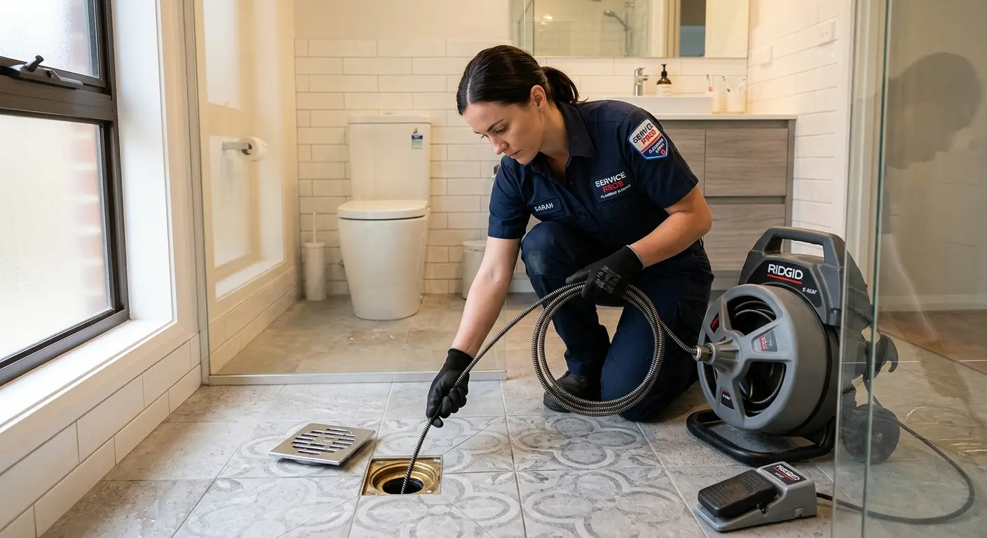 Technician clearing a bathroom floor drain for Hydro Jetting in Pacific